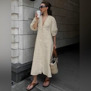 NWT Commense Cotton & Linen Button-Front Knotted Long Dress Size L